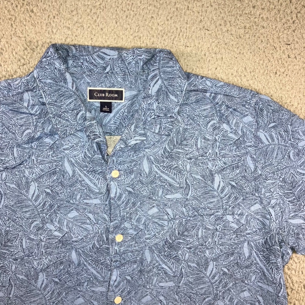 Hawaiian Shirt Men L Blue Tropical Leaf Print S/S Camp‎ Shirt